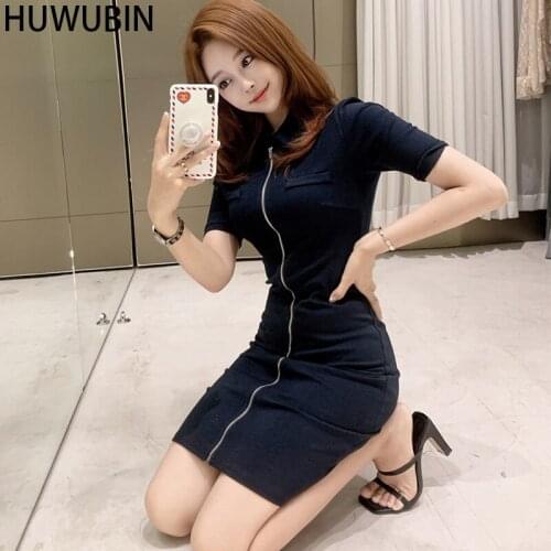 Womens Summer Dress New Korean Fashion Casual Temperament Short Sleeve Zipper Knitting Bag Buttock Medium Length Slim Dress