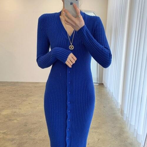 2021 Korean Sexy V Neck Long Sleeve Women Dress Vintage Office Lady Single Breasted Dresses Spring Autumn Slim Vestidos Femme