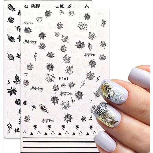 1 pcs 3D Black White Stickers for Nail Summer Leaf Line Letter Design 2020 Adhesive Sliders Manicure Nail Art Decorations