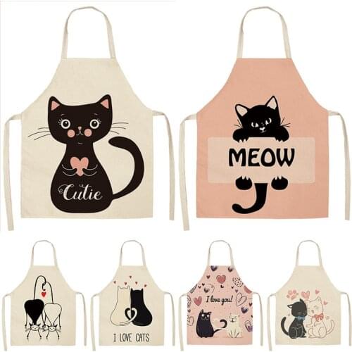 1Pcs Black White Cat Kitchen Aprons For Women Cotton Linen Bibs Household Cleaning Pinafore Home Cooking Apron 53*65cm WQL0123