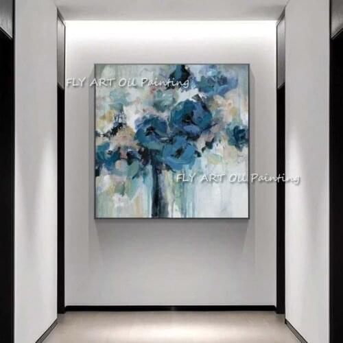 100% Handmade Modern Abstract Nordic Modern Style Beautiful Blue Flowers Painting Home Decor Wall Picture For Living Room