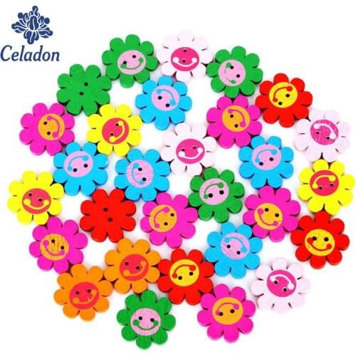 100pcs Wooden Buttons Colorful Mixed Sun Flowers Scrapbook Sewing Accessories DIY Craft 2 Holes 22mm
