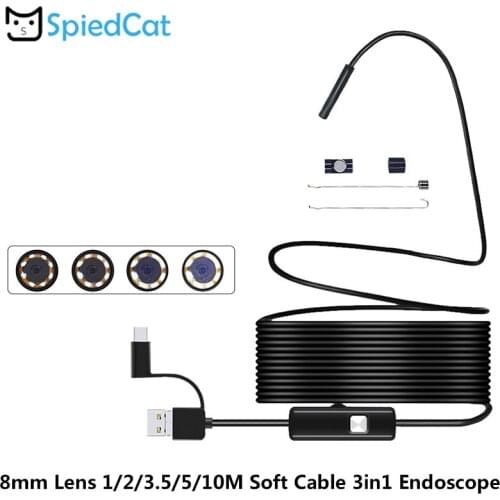 3in1 8mm mini Lens 1/2/3.5/5/10M Soft Cable Endoscope Camera Android PC Typec-C/USB Waterproof Snake Borescope Tube Inspection