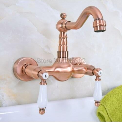 Antique Red Copper Bathroom Kitchen Sink Basin Faucet Mixer Tap Swivel Spout Wall Mounted Double Ceramics Handles Lnf949