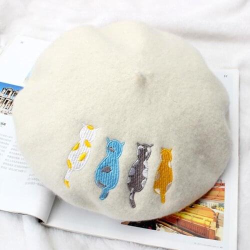 Women Girl Beret French Artist Warm Wool Winter Beanie Hat Cat Embroidery Beret Hats Elegant Lady Winter Caps Female Cap Gorras