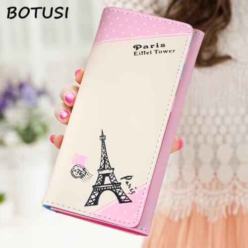 BOTUSI Paris Eiffel Tower Stamps Card Holder Leather Wallet Women Long wallet PU Leather Passport Cover Fashion Coin Bag Zipper