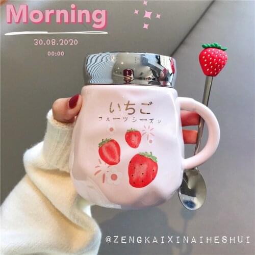 Ceramic Coffee Mug with Lid and Spoon Cute Cartoon Strawberry Water Cup Creative Strawberry Cups Taza Personalizada fall mug
