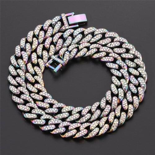 One Piece 13mm Iced Out Cuban Necklace Quenched Hip hop Jewelry Colorful Rhinestone CZ Choker for Mens Rapper Necklaces