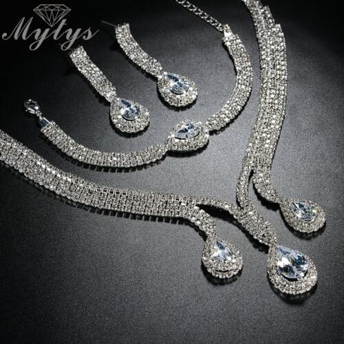 Mytys Wedding Jewelry Sets for Women Anniversary Party Necklace Bracelet Earrings Bridal Sets Gorgeous Full Rhinestones CN332