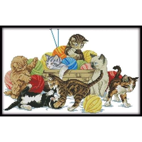 Girl And Cat Counted Cross Stitch Kits Printed Fabric Embroidery Needlework Sets 11CT 14CT DIY Home Decorations Canvas Paintings