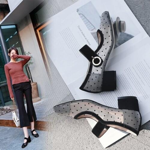 2019 new mesh in the single shoes buckle square head wave dot pattern ladies shoes sweet princess shoes