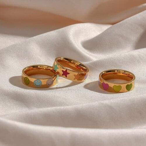 2021 New Girls Sweet Cute Fine Polished Heart Star Smiley Face Colorful Ring Stainless Steel Gold Plated Tarnish Free Ring