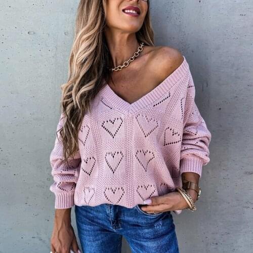 Autumn Sexy Solid Color Hollow Sweater Pullover Ladies Casual Long-Sleeved Knitted Sweater Top Ladies Winter V-Neck Pullover