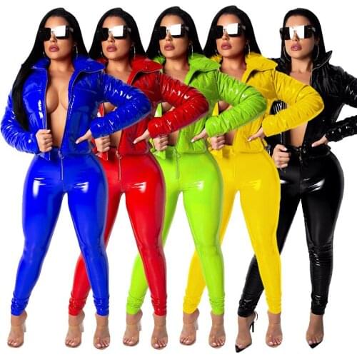 2021 European and American fashion trend U shiny leather coat cotton down down spring and autumn new solid color jacket women