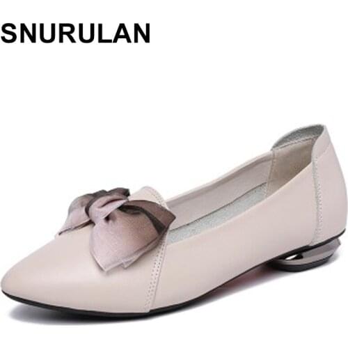 SNURULAN 2018 New Flats Woman Bow Tie Pointed toe Shallow Women Shoes Genuine Leather Comfortable Flat Shoes Large Size E347