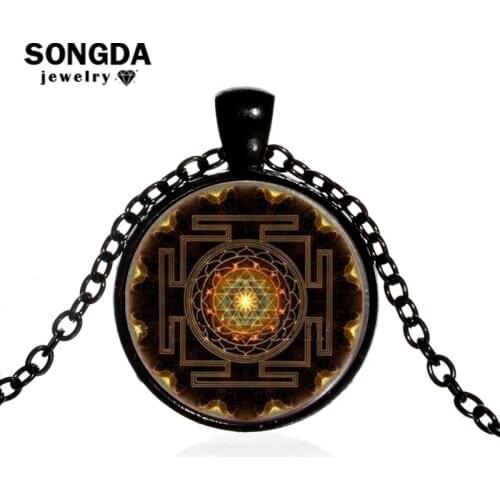 SONGDA Sri Yantra Necklace Buddhist Meditation Spiritual Sacred Geometry Art Pattern Glass Cabochon Gem Pendant Fashion Jewelry