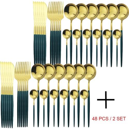 48Pcs/2Set Green Gold Dinnerware Sets Stainless Steel Cutlery Sets Knives Forks Spoons Kitchen Flatware Hotal Mirror Tableware