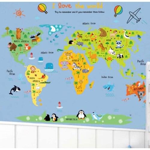Cartoon Animal World Map DIY Vinyl Wall Stickers Kids love Home Decor office Art Decals creative Wallpaper decoration