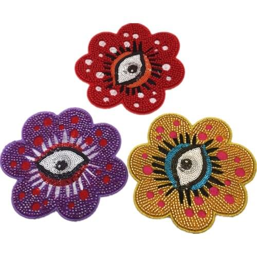 Beaded Flower Evil Eye Patch Sequin Embroidered Applique Patches For Clothing Parches Bordados Ropa DIY Sew On AC1378