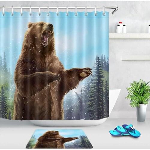 Brown Bear Pattern Bath Curtain Animal Waterproof Shower Curtain Bath Mat Polyester Fabric Bathroom Shower Curtains with Hooks