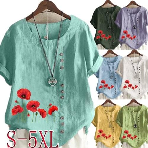 Womens Elegant Fashion Round Neck Short Sleeved Tops Floral Floral Printed Plus Size T-Shirt Loose Casual Summer Blouse
