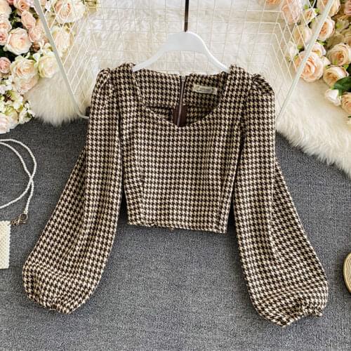 Autumn Winter New Style Retro Plaid V-neck Woolen Shirt Womens Fashion Slim Short All-match Puff Sleeve Top UK441