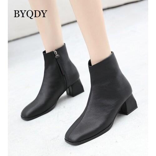 BYQDY Western Punk Woman Boots Chunky Heel Black Leather Square Toe Mature Shoes For Women with Side Zipper Ankle Cowboy Boots