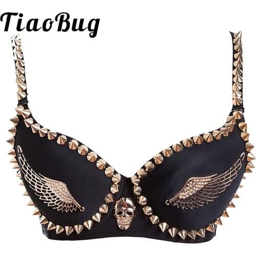 Women Belly Pole Dance Brassiere Corset Top Skeleton Fingers/Wing Rivet Bra Tops Halloween Club Bar Rave Outfit Sexy Performance