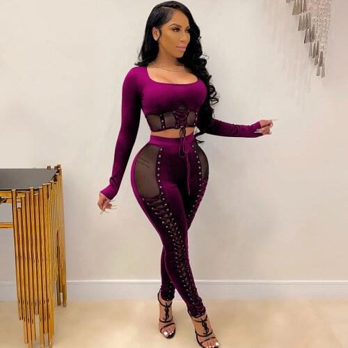 Women Clothing Lace Up Bandage Two Piece Set Sexy Party Club Birthday Outfits for Women Crop Top Tight Pants Bodycon 2 Piece Set