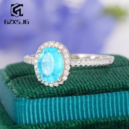 GZXSJG Brazilian Paraiba Tourmaline Gemstones Ring for Women Solid 925 Sterling Silver Oval 6x8mm blue Tourmaline Ring Size 10