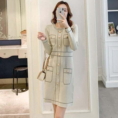 Chic Slim Waist Knit Dress Woman Single-breasted O-Neck Korean Vestidos Mujer 2021 Autumn Sweater Dresses Female