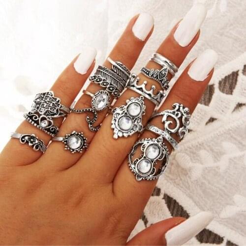 HuaTang Vintage Gold Silver Color Rings Set Crystal Butterfly Carving Geometric Knuckle Ring for Women Girls Jewelry Anillos