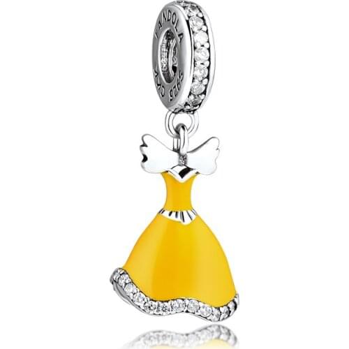 Fandola CKK 100% 925 Sterling-Silver Princess Yellow Dress Dangle Charm Fits Pandora Bracelets Jewelry Making pulseras mujer