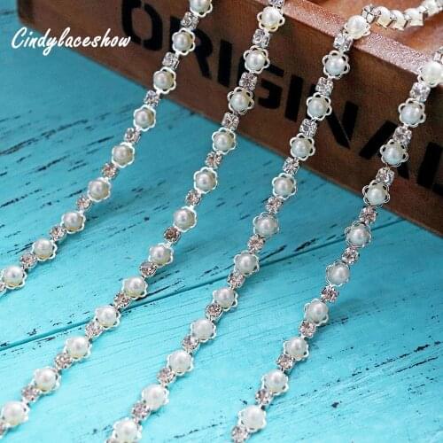 1 Yard Silver Flower Flatback Glass Pearl Rhinestones Applique For Clothes Bags Crystal Chain Trims DIY Wedding Dress Decoration