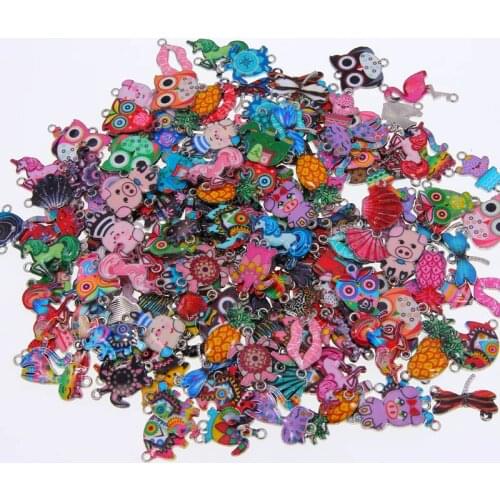 100Pcs Cute Cartoon Mixing Animal Enamel Alloy Connectors Necklace Pendant For Handmade Jewelry Gift Cat Fish Owl Multi-Shape