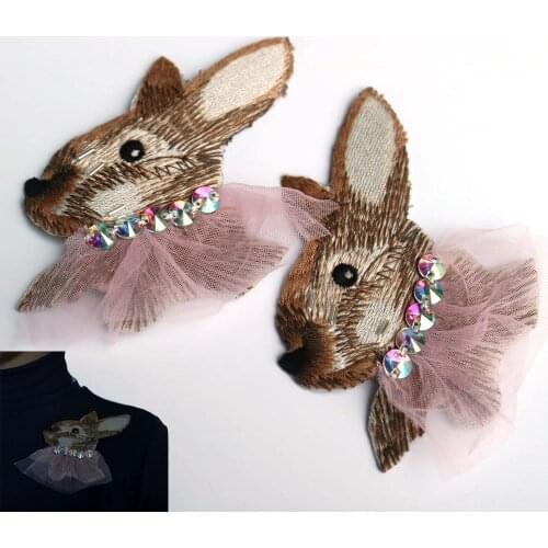 2pc/lot 3D rabbit Handmade rhinestone beaded Patches for clothing DIY sew on animal parches Embroidery lace applique cross