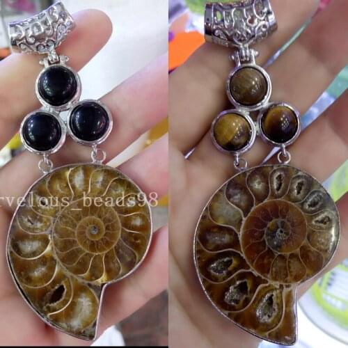 Free Shipping Fashion Jewelry 33x85mm Natural Ammonite Black Carnelian Tigers Eye Art Women Men Pendant Bead 1pcs WFH314