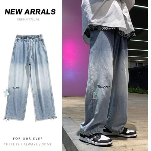 Autumn Winter Baggy Gradient Denim Pants Men Women Korean Loose Straight Jeans Elastic Waist Washed Jean Pants Blue/Black