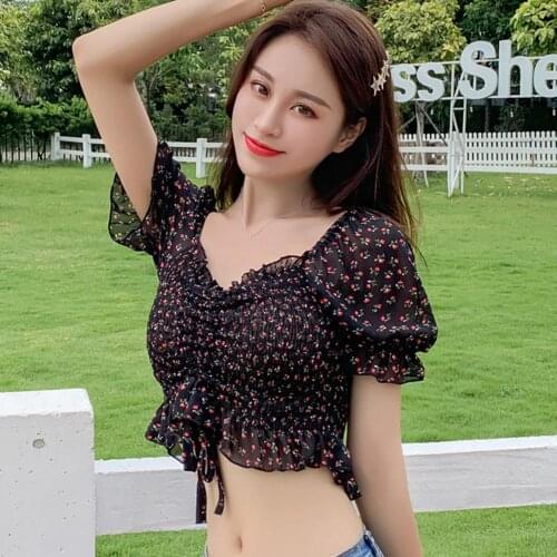 2021 Sweet Women Square Neck Short Sleeve Ruffled Hem Floral Print T-shirt Womens Clothing блузка женская ropa de mujer