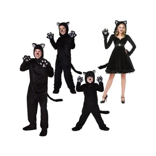 Black Cat Costume For Men Women Child Cosplay Parent-child Costumes Attached Cuddly Animal Clothing Stage Performance Jumpsuits