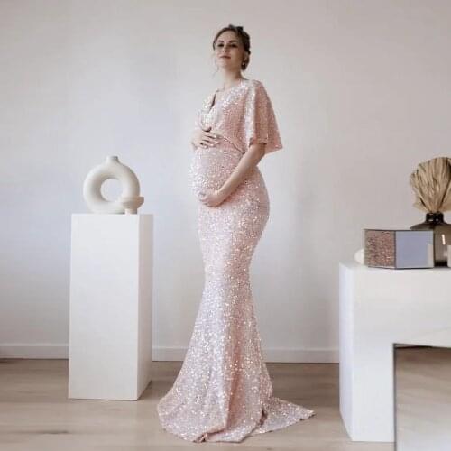 Pretty Pink Sequins Ruffles Sleeves Mermaid Long Maternity Dresses Sexy Backless Bow Band Bridal Gowns Photo Shoot Custom Made