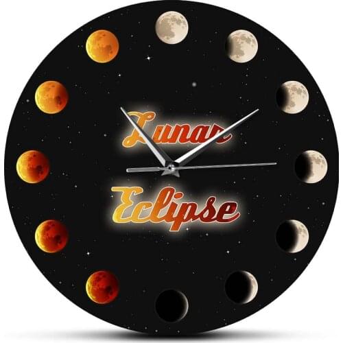 Moon Lunar Eclipse Wall Clock Moon Phases Space Home Décor Galaxy Art Supermoon Wall Hanging Quiet Clock for Living Room Bedroom