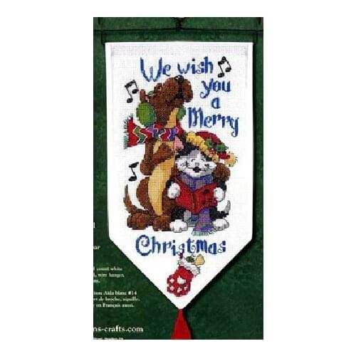 We wish you a merry Christmas Mine banner cat dog friends cartoon animal diy counted cross stitch kits 14ct embroidery hanger