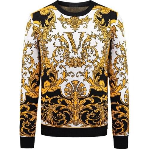New Arrivals Mens Fashion Brand Gold Floral Knitwear Autumn Winter Mens Pullover Crew Neck Long Sleeve Sweater for Men