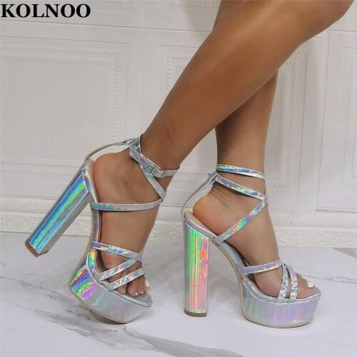 Kolnoo New Arrival Womens Chunky Heels Sandals Cross-Buckle Strap Sexy Platform Open-toe Real Photos Fashion Evening Club Shoes