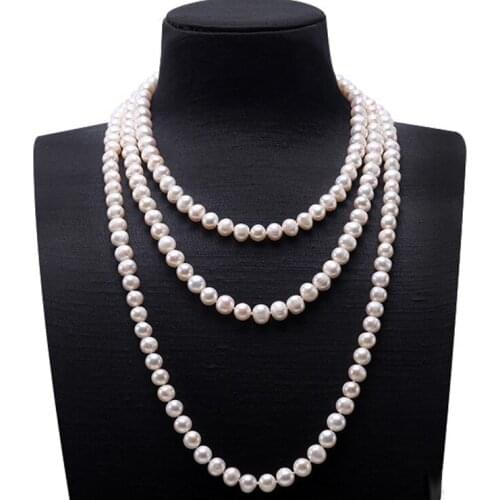 Sweater Necklaces Long Round Natural White 6-9mm Natural Freshwater Pearl Necklace Endless charm necklace
