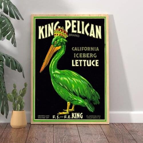 King Pelican Poster Food and Drink Art Prints Green Pelican Wearing a Crown Canvas Painting California Iceberg Lettuce Decor