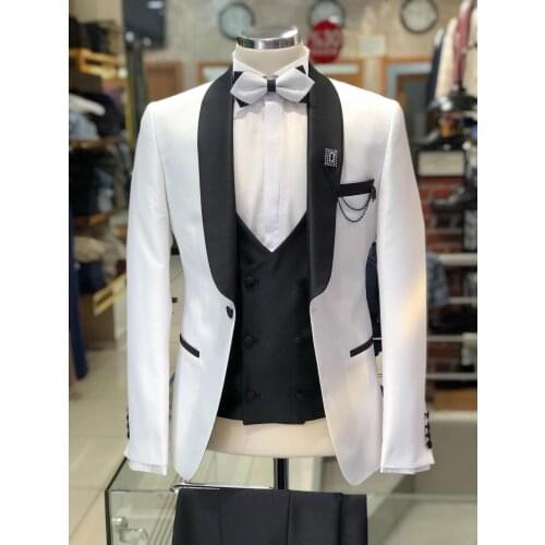 Custom Made Groomsmen White and Black Groom Tuxedos Shawl Satin Lapel Men Suits Wedding Best Man ( Jacket+Pants+Vest+Tie ) C806