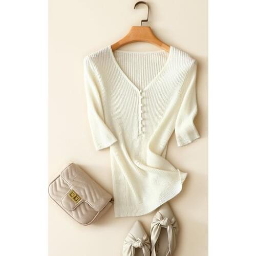 100% pure cashmere sweater women summer fashion ribbed knit short sleeve v neck pullovers