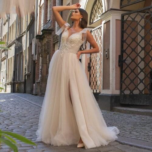 Vintage Champagne Wedding Dress 2021 Lace Beads Open Back Wedding Gowns Women Split Side Romantic Bride Dresses Boda